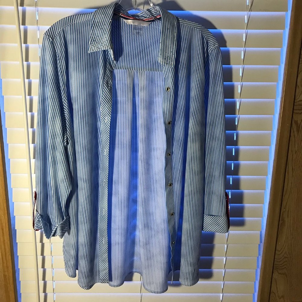 Nygard button down pin striped blouse